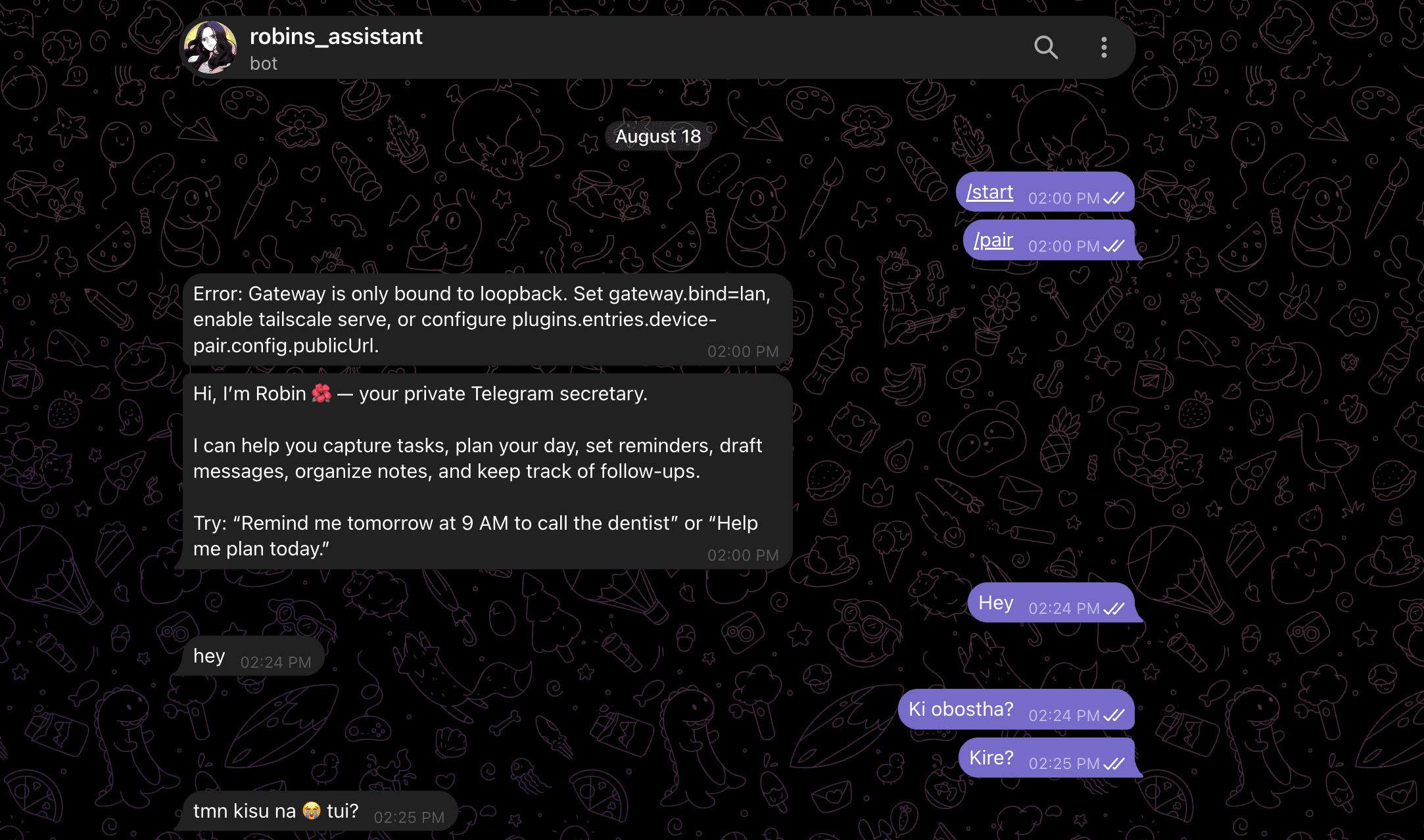 Robin answering in a Telegram chat