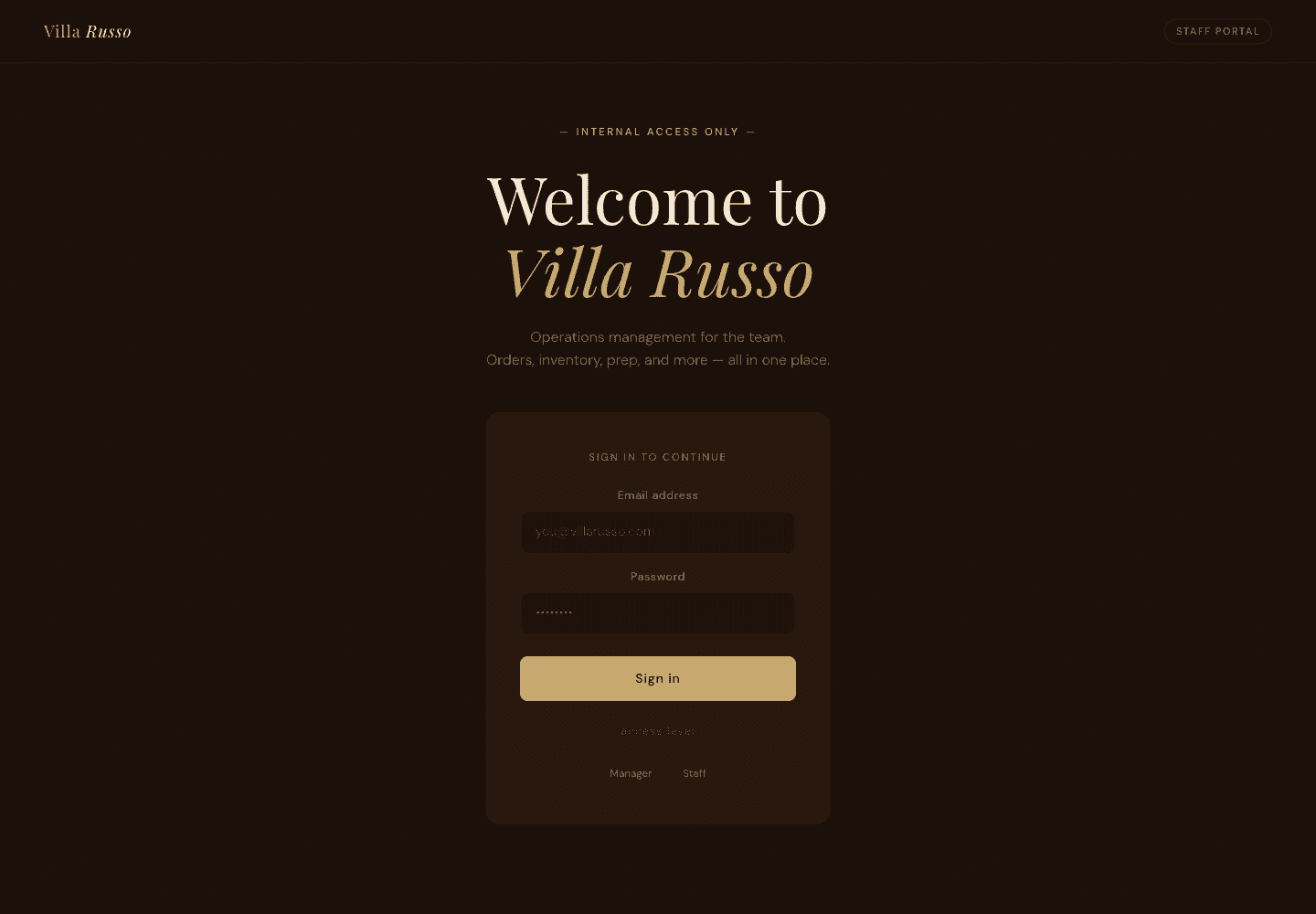 Villa Management System dashboard